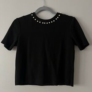Zara Black Embellished Crop Tee Short Sleeve
